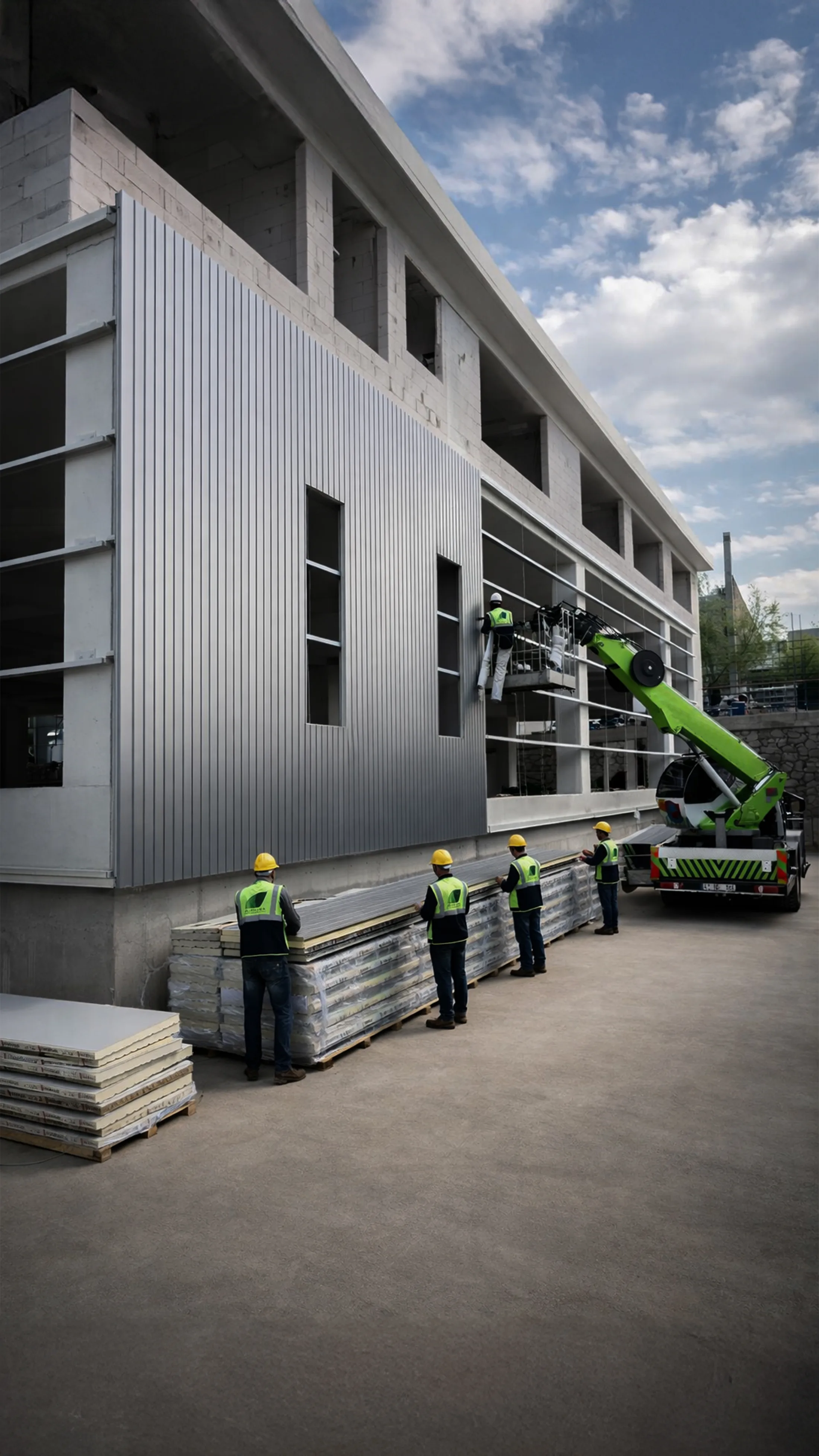 Panel packs stacked on site and the installation team