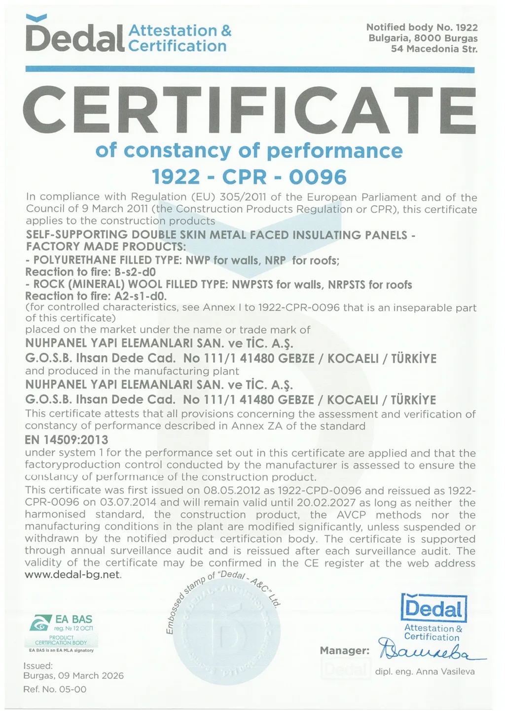 CE / CPR, Declaration of performance