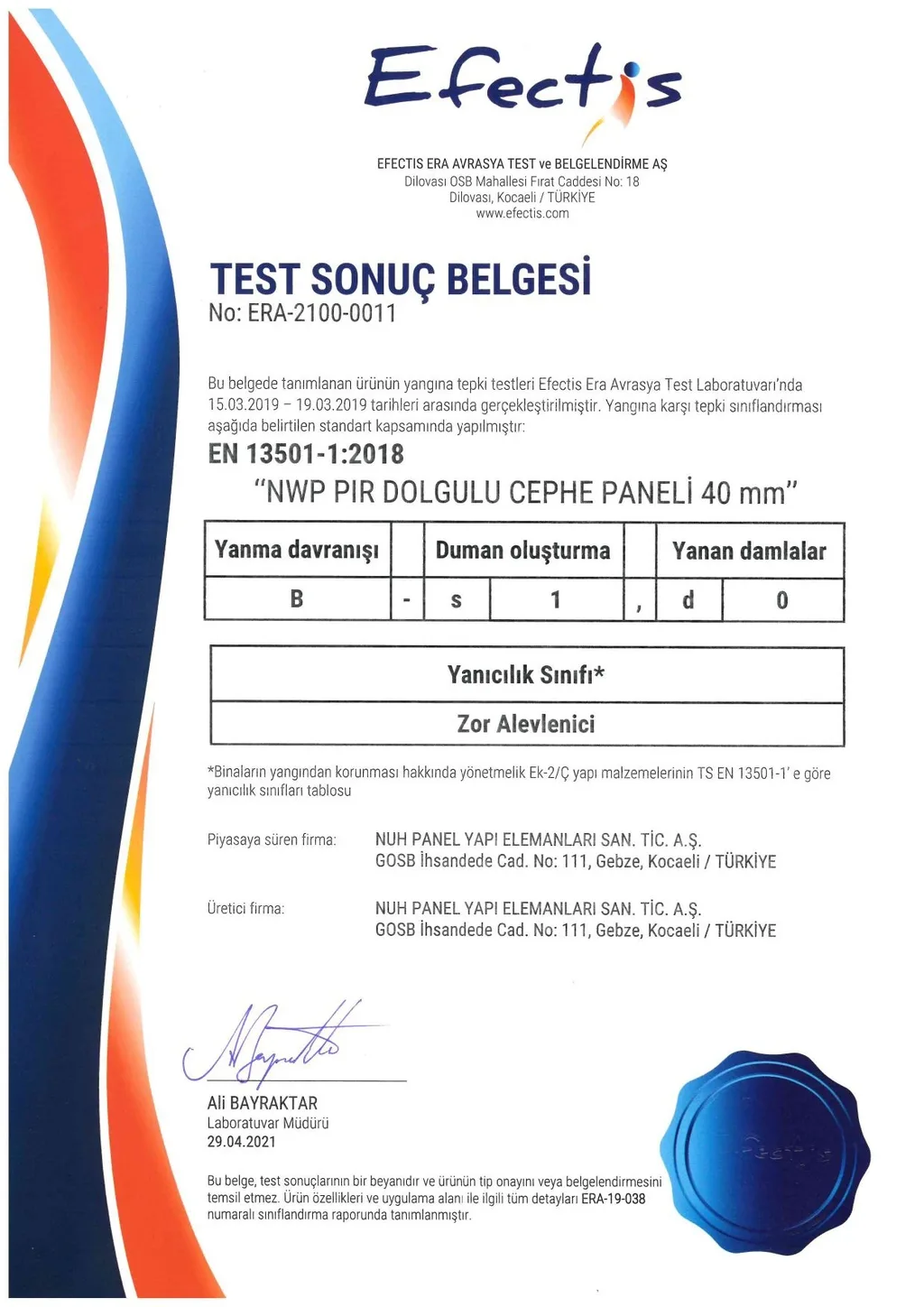 Efectis, Fire test report
