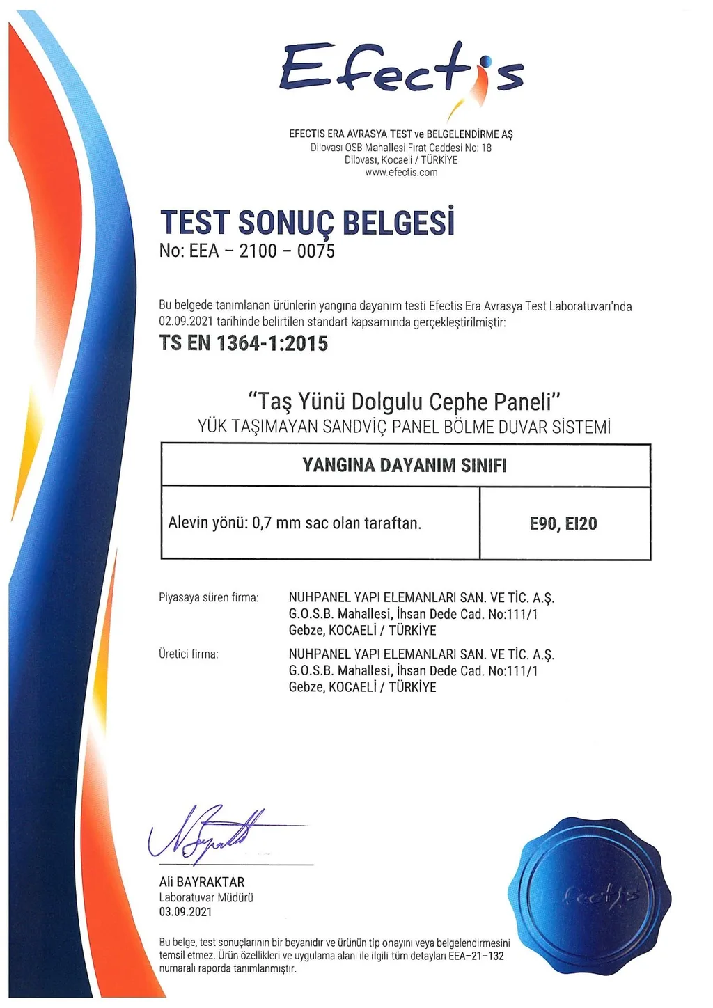 Efectis Test Report: Rock Wool Cored Wall Panel