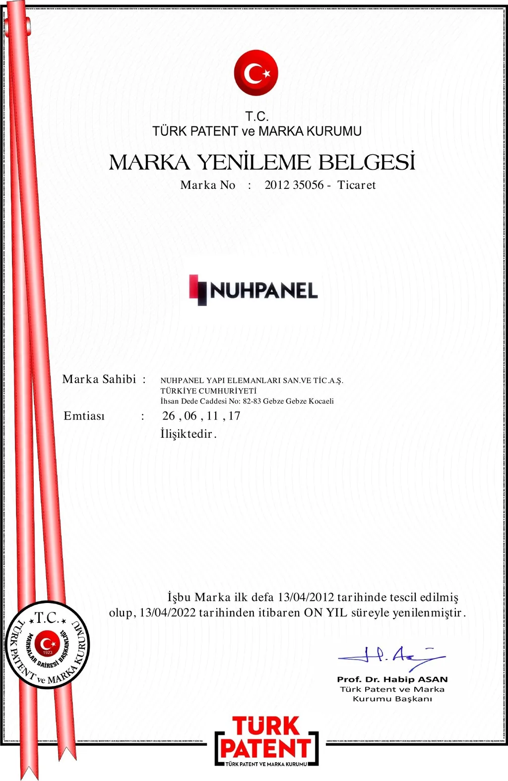 Turkish Patent Institute Trademark Registration Certificate