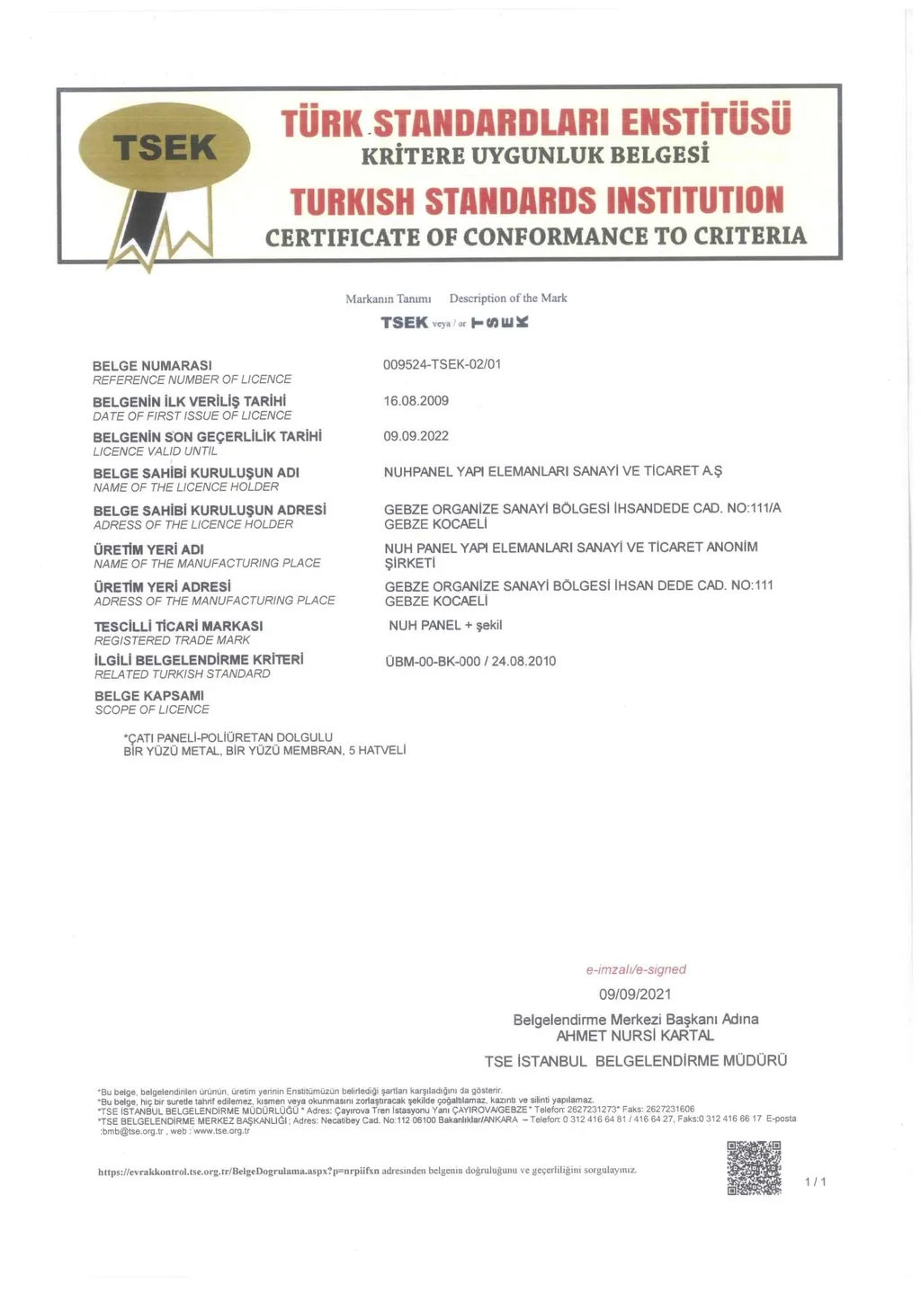 TSE Certificate of Conformity to Turkish Standards (1)