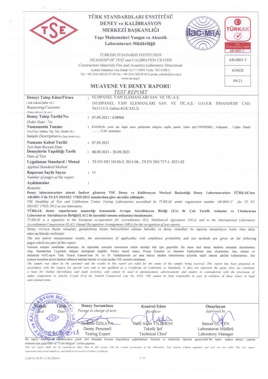 TÜBİTAK MAM Inspection and Test Report